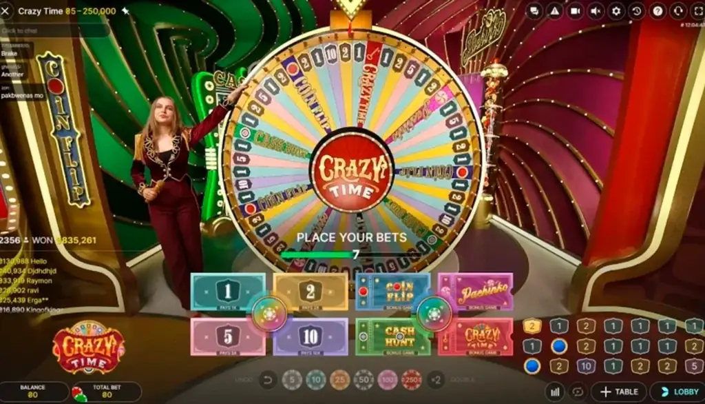 Crazy Time live game screen showing bets and RTP